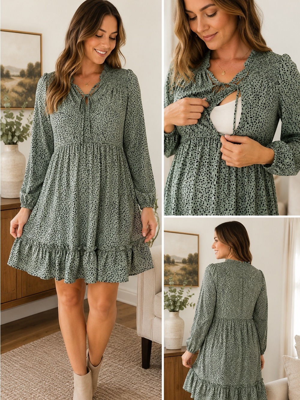 Nursing Queen Sage Green Animal Print Nursing Dress XL Long Sleeve Ruffle Hem